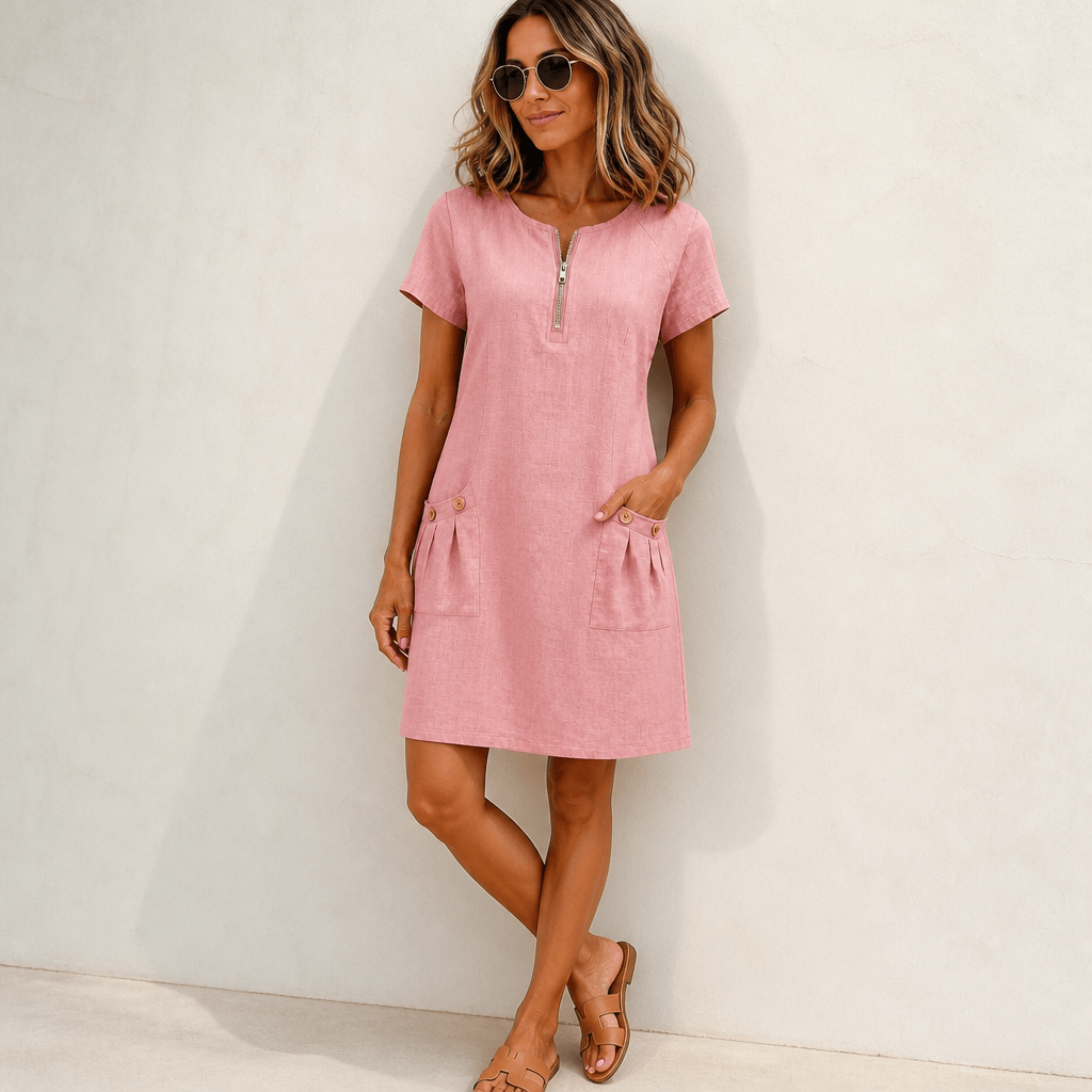 Linen A-Line Mini Summer Dress – Zip Neck and Short Sleeves - We are MFEO
