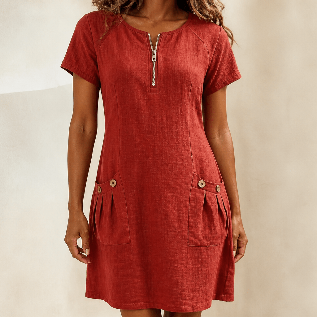 Linen A-Line Mini Summer Dress – Zip Neck and Short Sleeves - We are MFEO