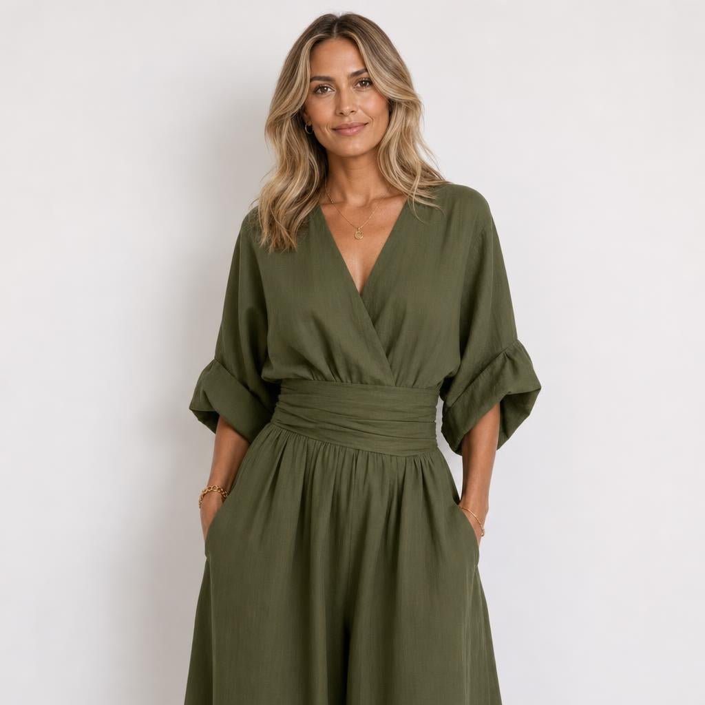 Linen Jumpsuit with Cinched Waist – Wide-Leg, Deep V-Neck for Summer Casual Wear - We are MFEO