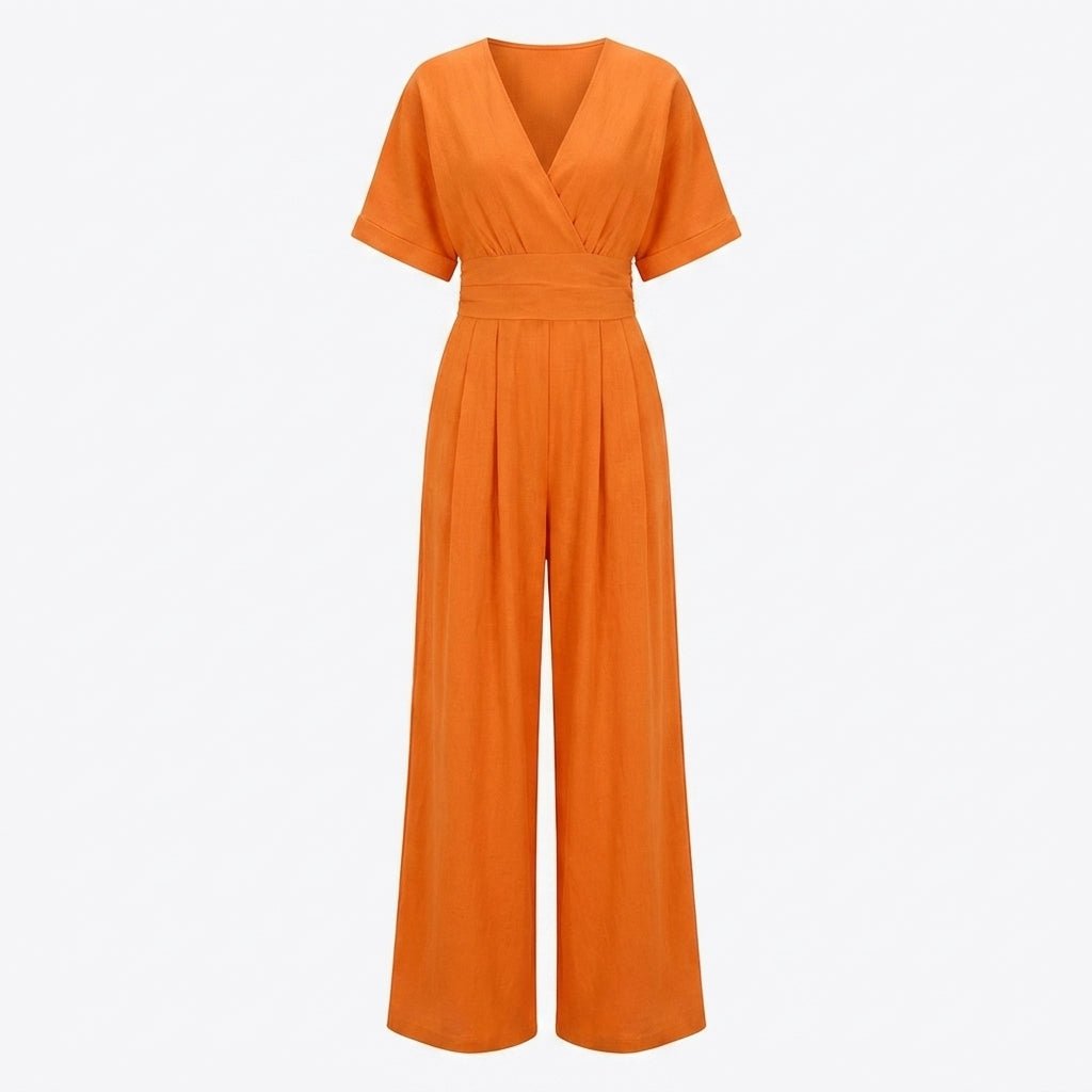 Linen Jumpsuit with Cinched Waist – Wide-Leg, Deep V-Neck for Summer Casual Wear - We are MFEO