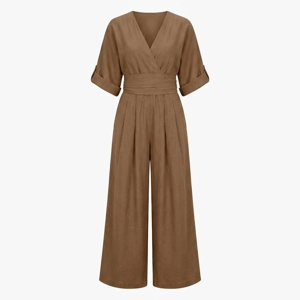 Linen Jumpsuit with Cinched Waist – Wide-Leg, Deep V-Neck for Summer Casual Wear - We are MFEO