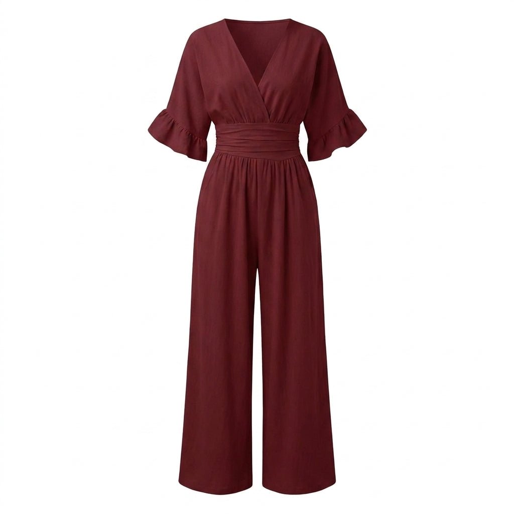 Linen Jumpsuit with Cinched Waist – Wide-Leg, Deep V-Neck for Summer Casual Wear - We are MFEO