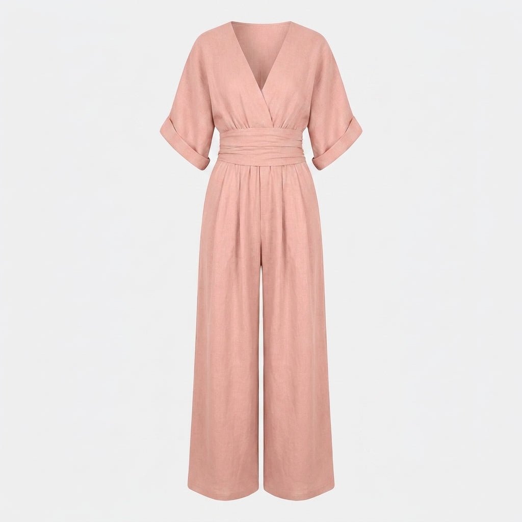 Linen Jumpsuit with Cinched Waist – Wide-Leg, Deep V-Neck for Summer Casual Wear - We are MFEO