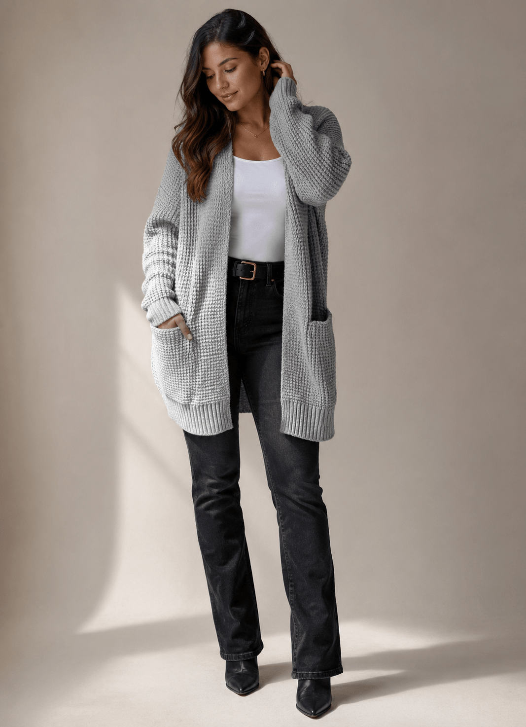Long Black Cardigan for Women – Longline Open Front with Textured Knit and Pockets - We are MFEO