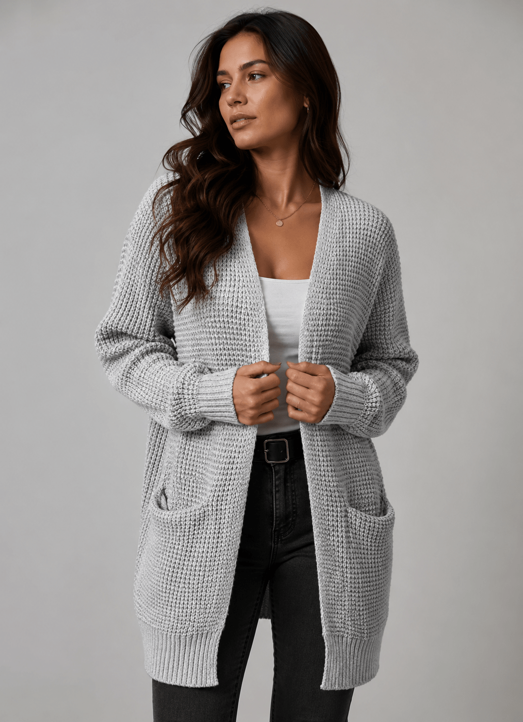 Long Black Cardigan for Women – Longline Open Front with Textured Knit and Pockets - We are MFEO
