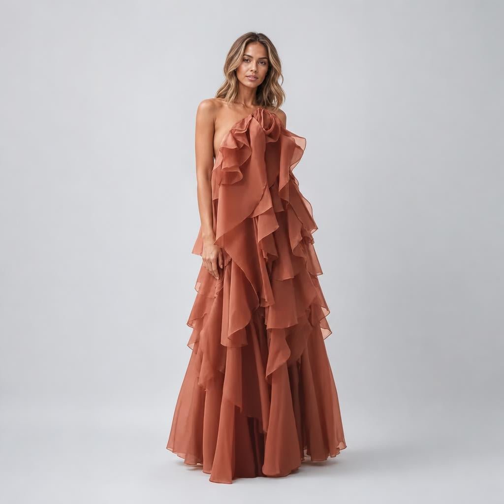 Long Halter Formal Maxi Dress with Tiered Ruffle Skirt - We are MFEO