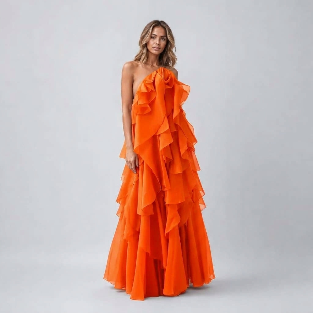 Long Halter Formal Maxi Dress with Tiered Ruffle Skirt - We are MFEO