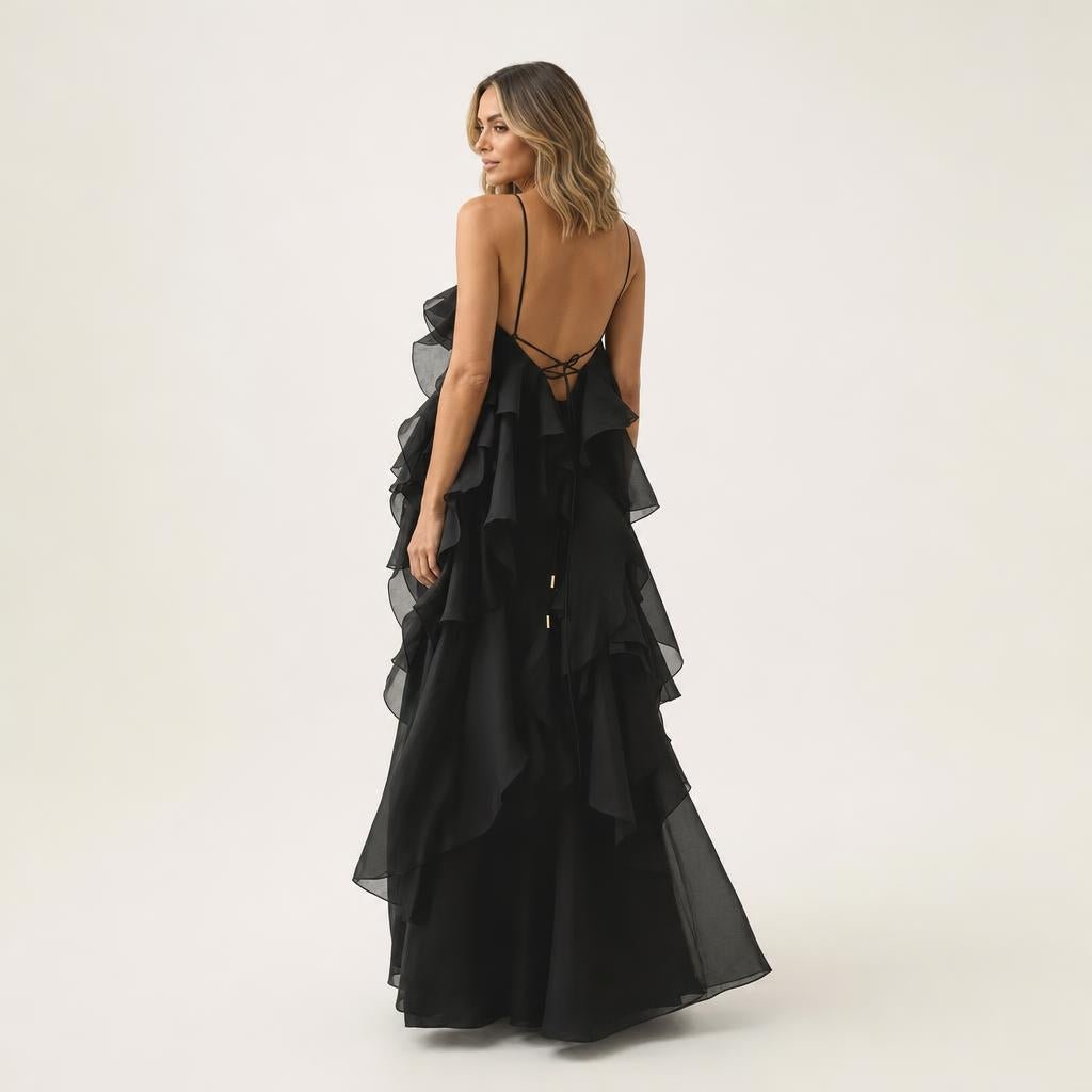 Long Halter Formal Maxi Dress with Tiered Ruffle Skirt - We are MFEO