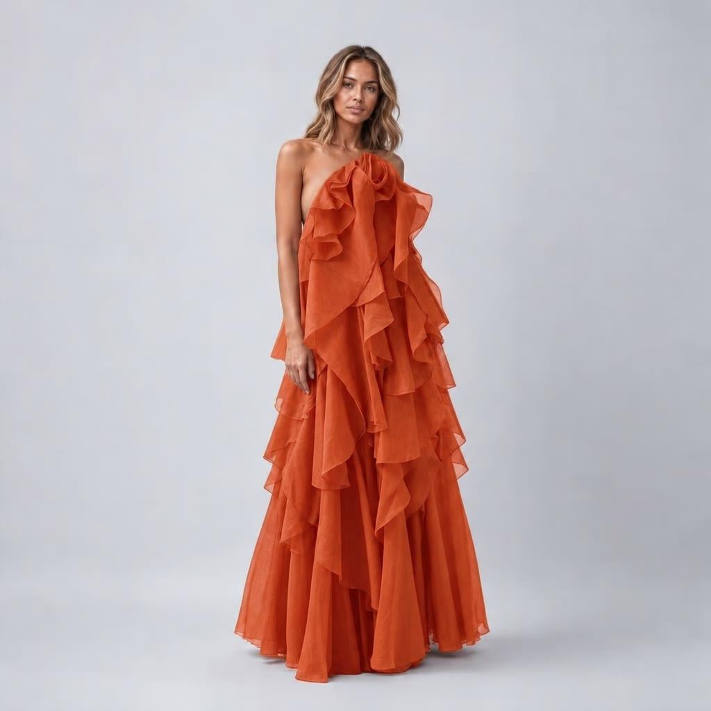 Long Halter Formal Maxi Dress with Tiered Ruffle Skirt 1