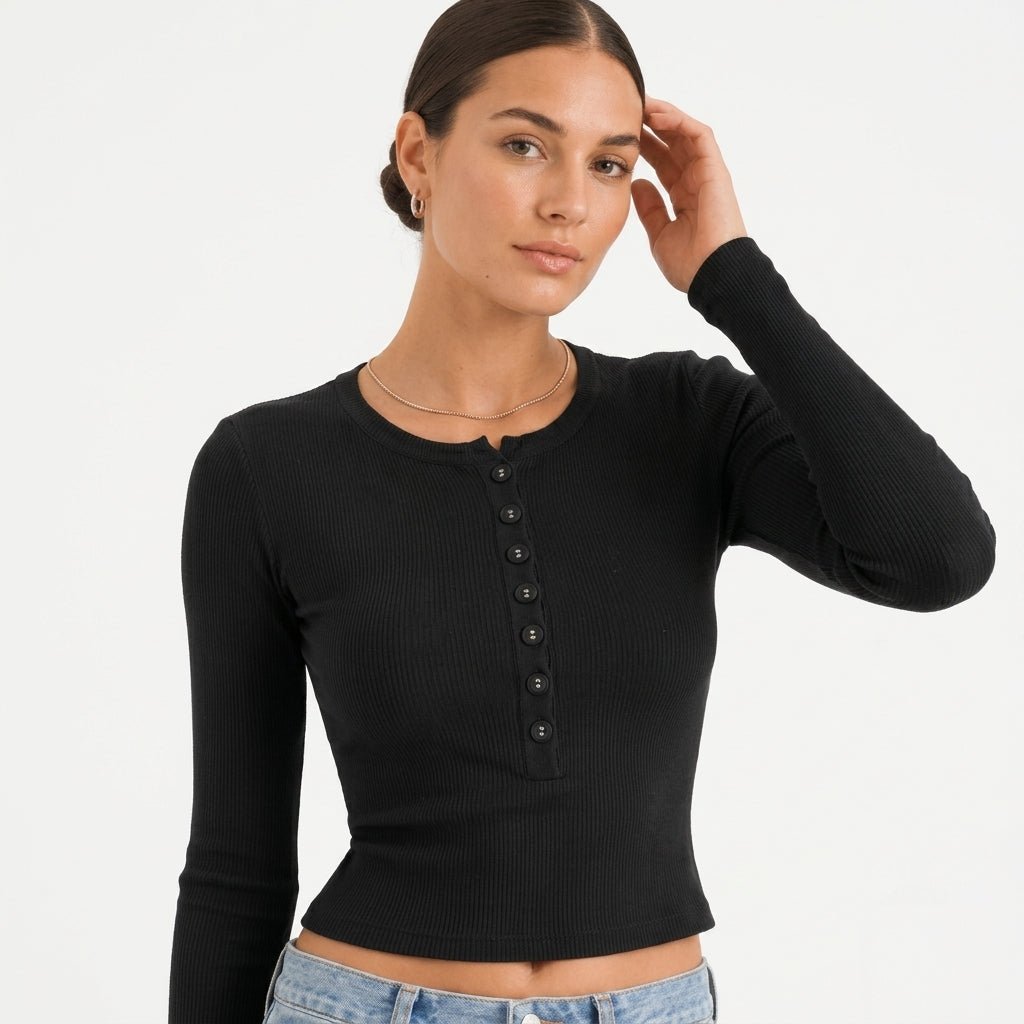 Long Sleeve Crop Top for Women – Ribbed Button Down Casual Shirt for Layering - We are MFEO