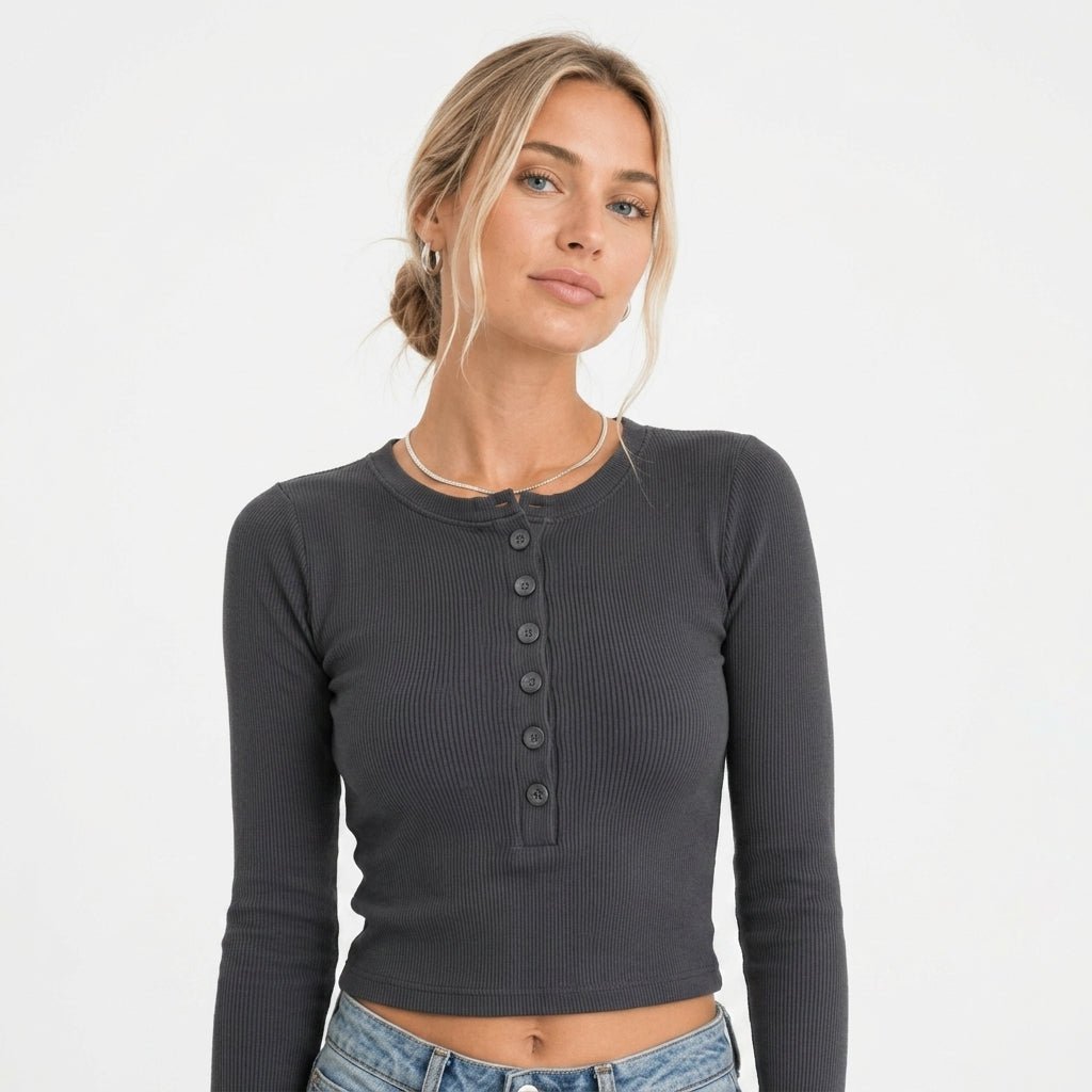 Long Sleeve Crop Top for Women – Ribbed Button Down Casual Shirt for Layering - We are MFEO
