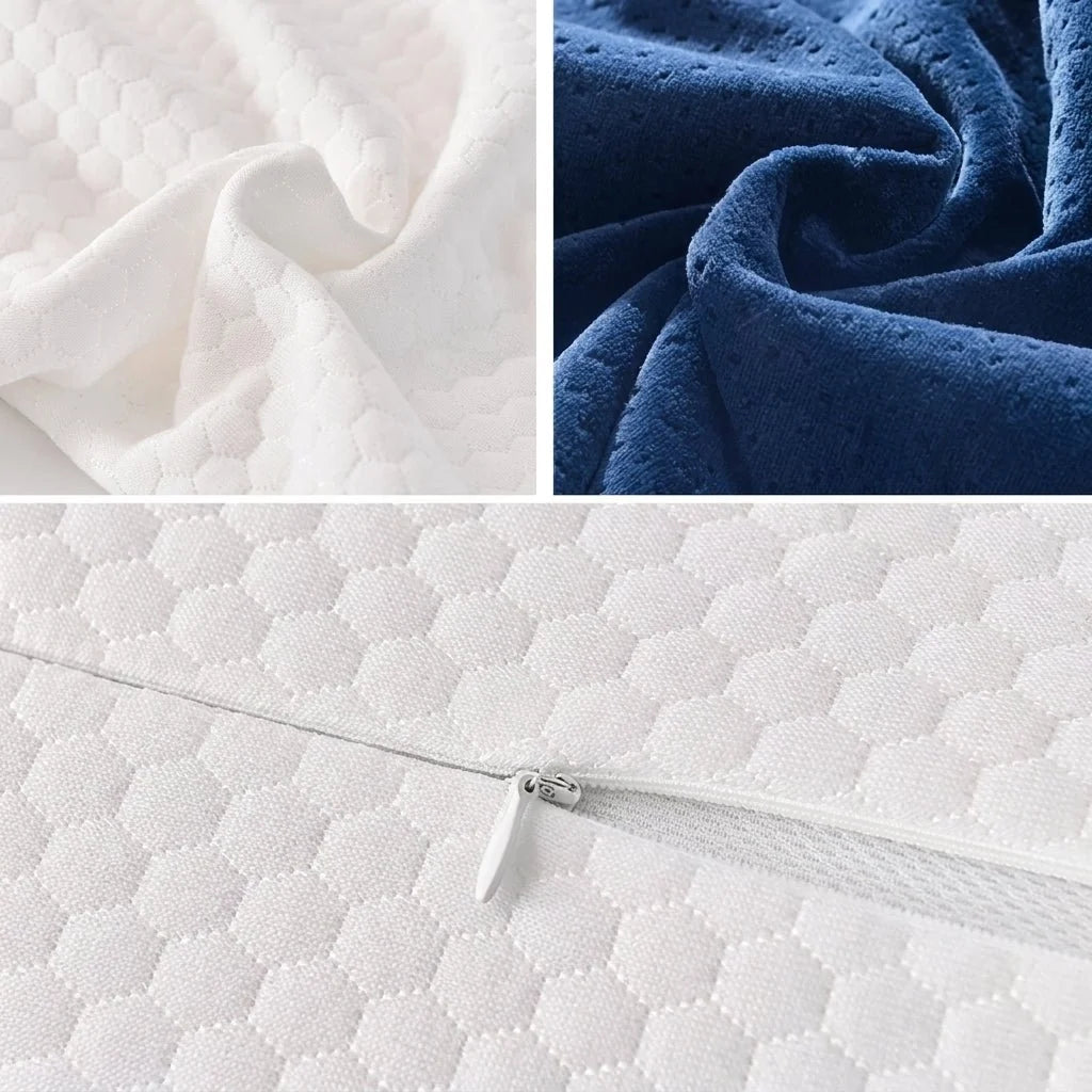 Close-up views of white and blue textured fabric with a hexagonal pattern and a hidden zipper on a lumbar pillow.