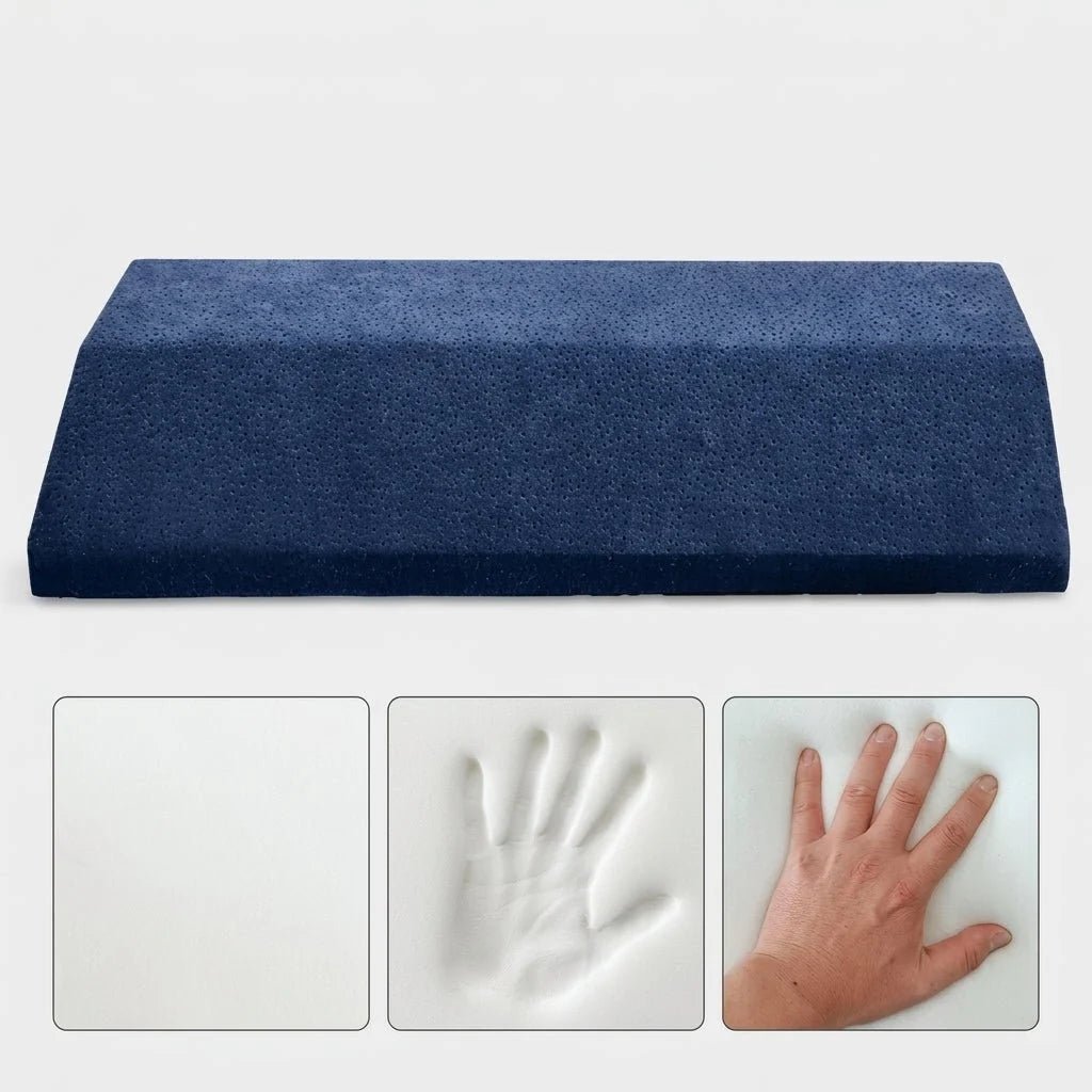 A blue memory foam lumbar pillow shown above three panels demonstrating the material's slow-rebound pressure relief.