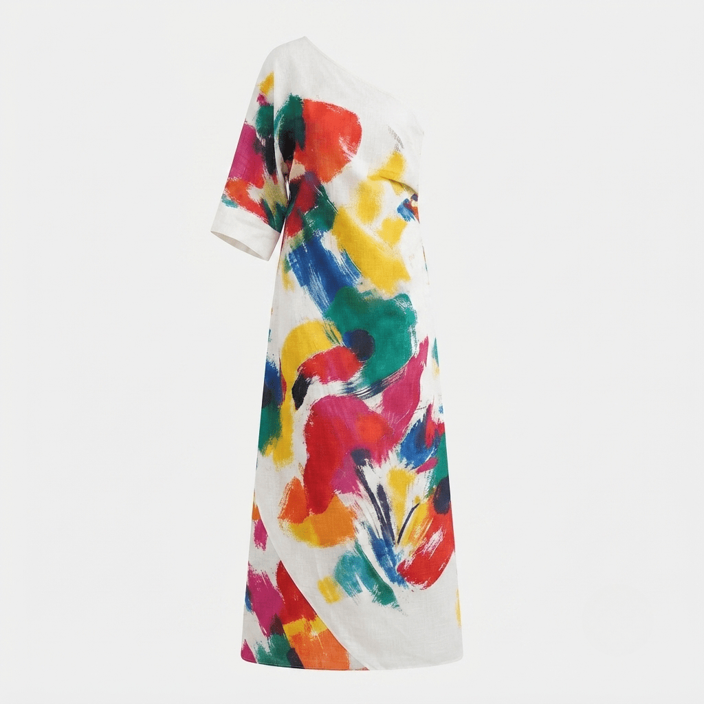 Maxi Dress – Abstract Print, One-Shoulder Neckline, Three-Quarter Sleeves for Summer - We are MFEO