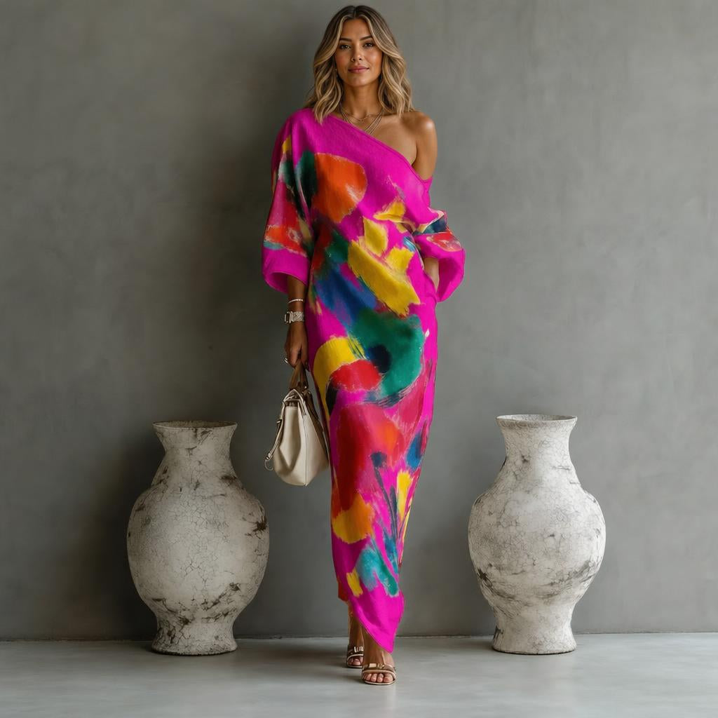 Women's Maxi Dress – Abstract Print, One-Shoulder Neckline, Three-Quarter Sleeves for Summer 5