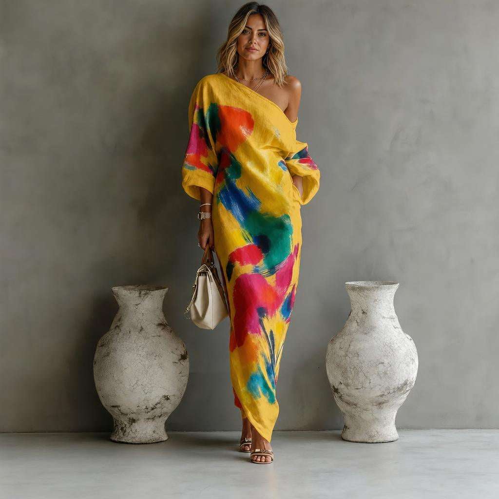 Women's Maxi Dress – Abstract Print, One-Shoulder Neckline, Three-Quarter Sleeves for Summer 7