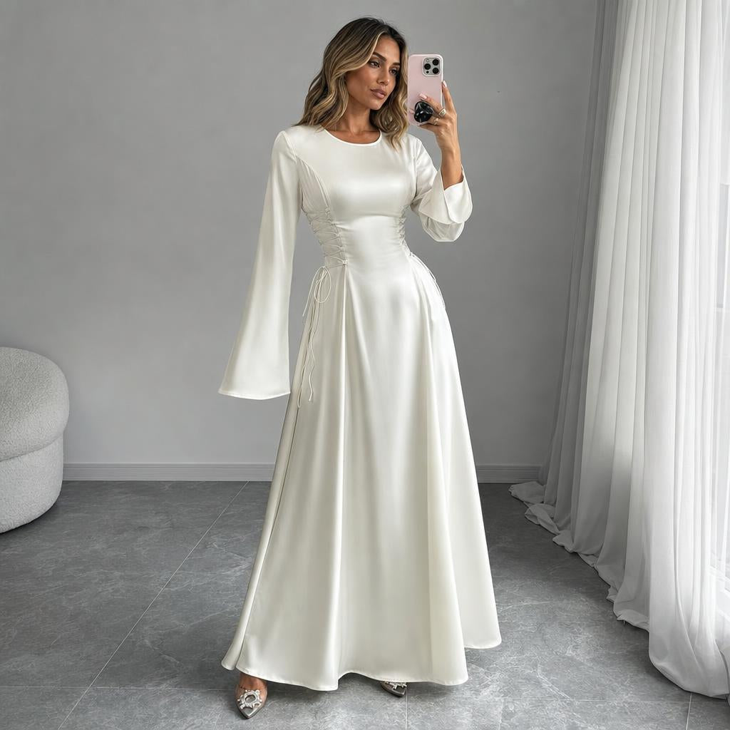 Maxi Dress for Formal Events – Bell Sleeves and Lace-Up Side Design - We are MFEO