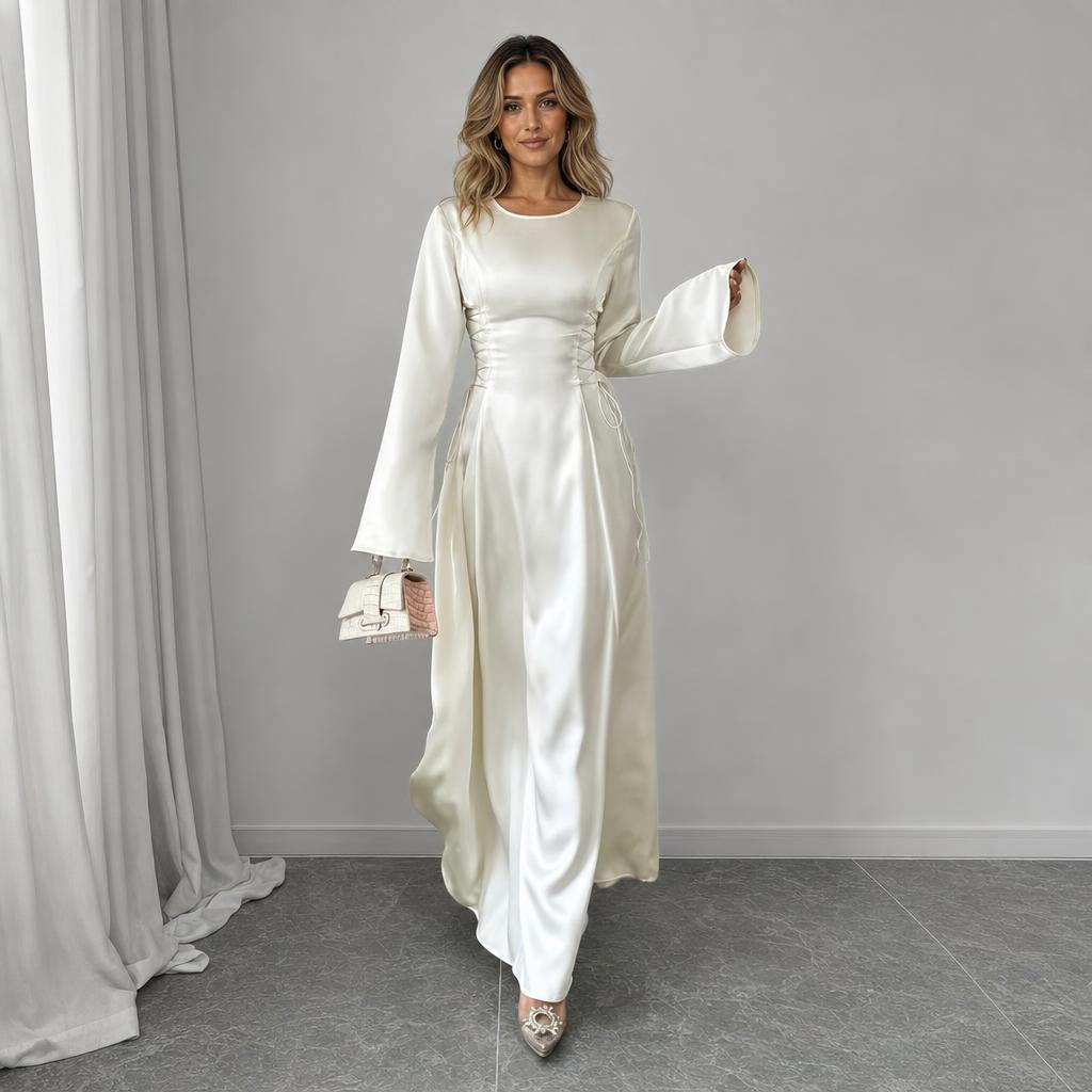 Maxi Dress for Formal Events – Bell Sleeves and Lace-Up Side Design - We are MFEO