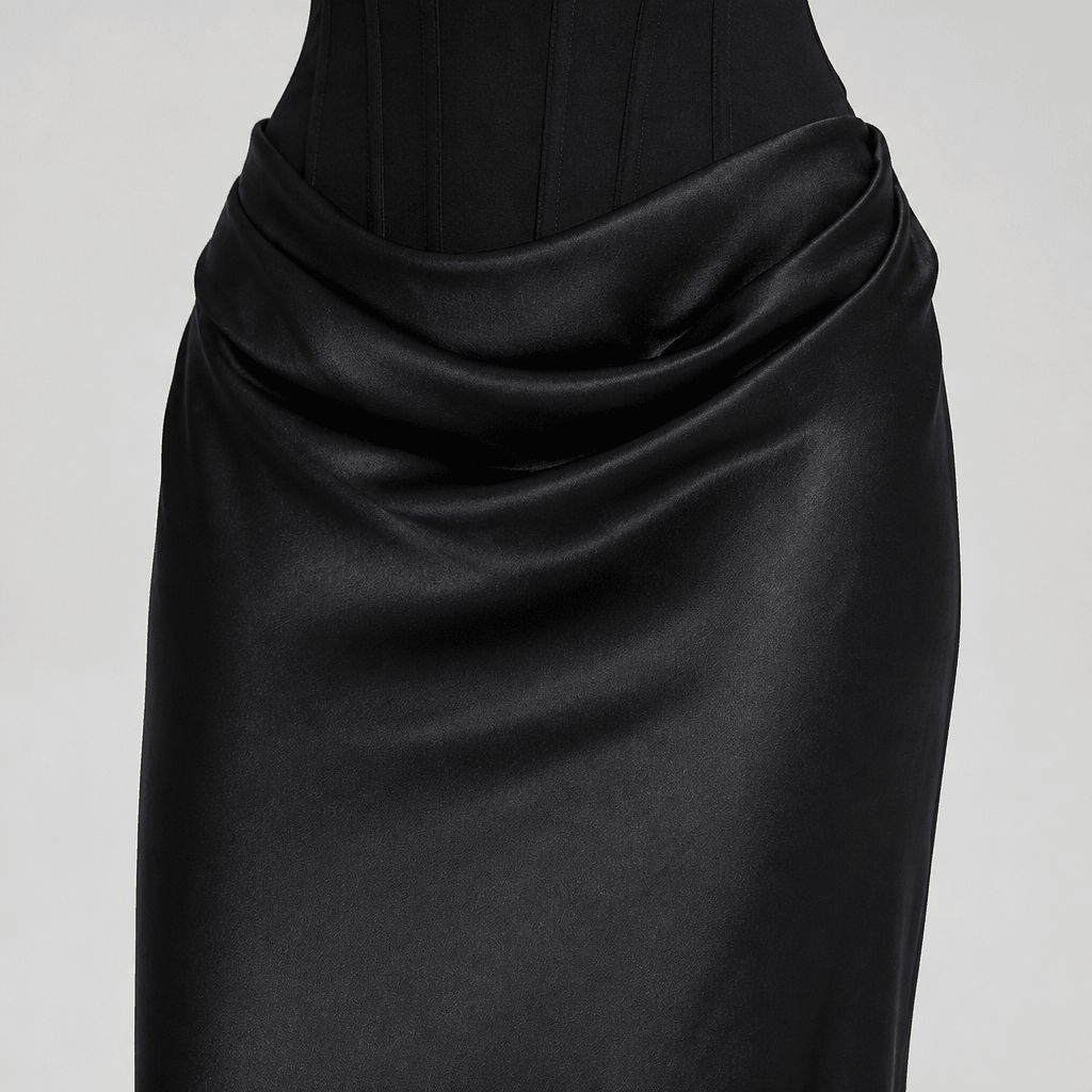 Maxi Dress with Sleeves – Satin Corset Design and Draped Skirt - We are MFEO