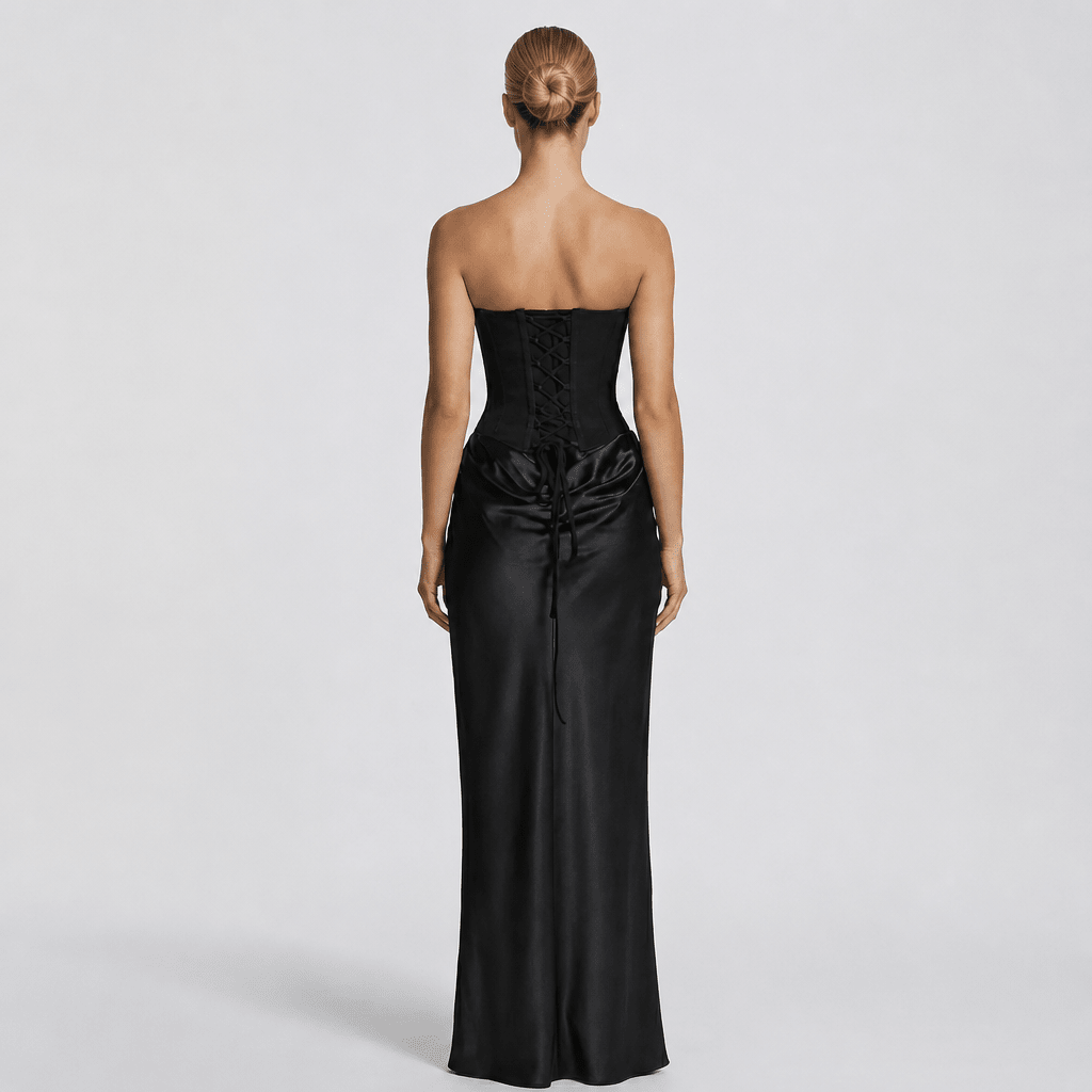 Maxi Dress with Sleeves – Satin Corset Design and Draped Skirt - We are MFEO