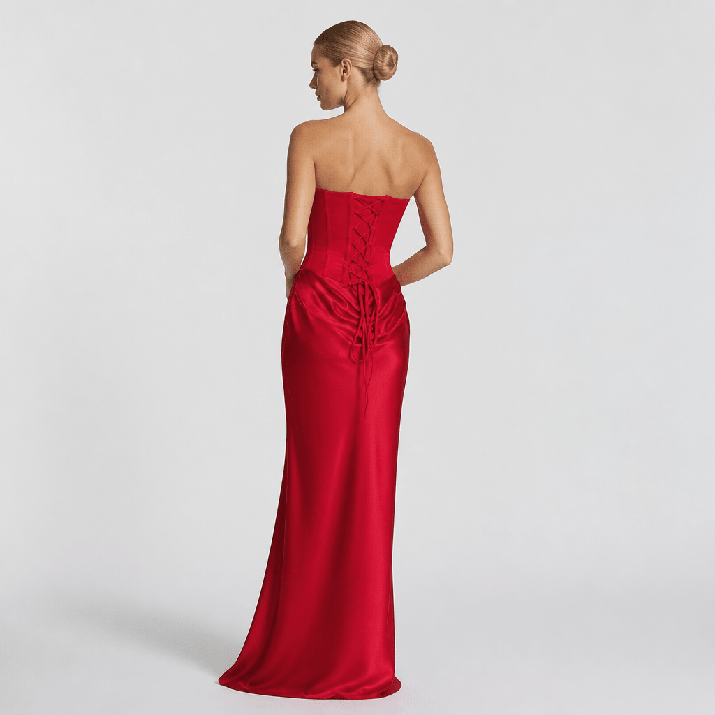 Maxi Dress with Sleeves – Satin Corset Design and Draped Skirt - We are MFEO