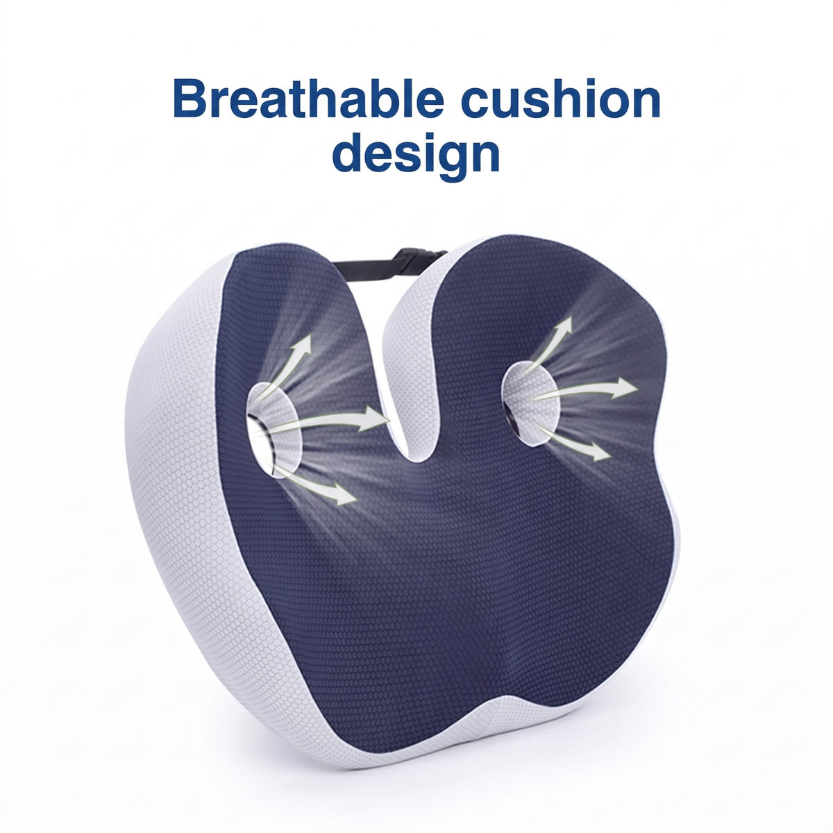 A blue and white ergonomic memory foam chair cushion with cut-out ventilation holes showing airflow arrows.