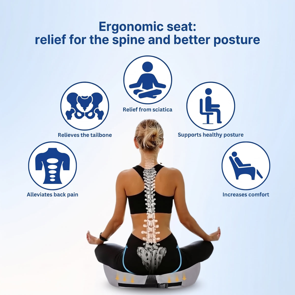 A woman sitting on an ergonomic memory foam cushion, showing spinal alignment and benefits like pain relief and posture support.