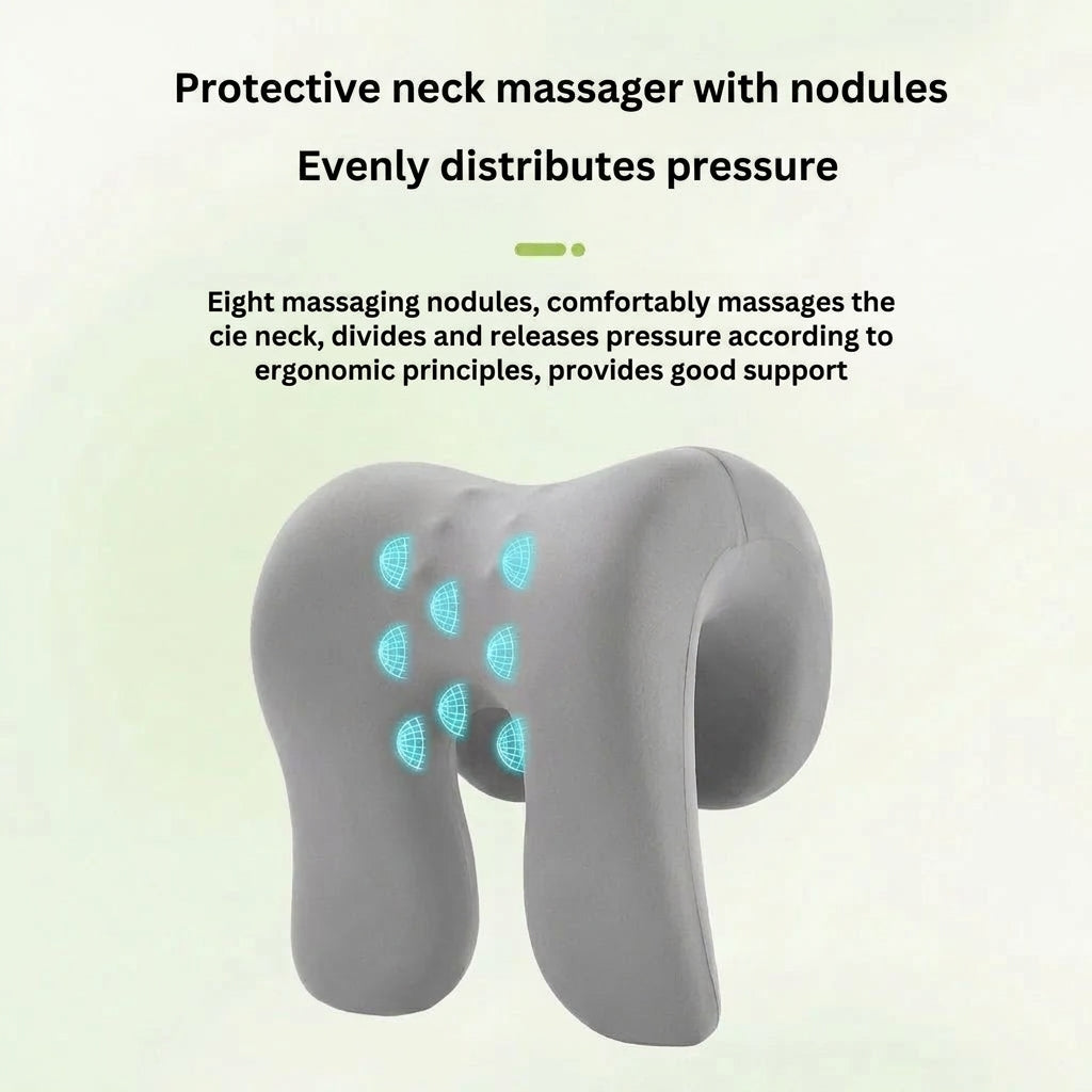 A grey ergonomic neck support pillow featuring eight massage points to evenly distribute pressure and provide comfort.