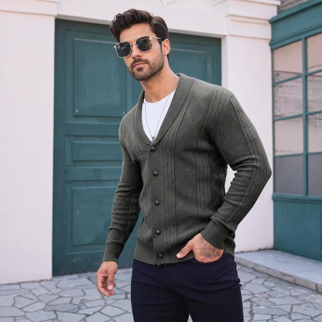 Men's Cable Knit Cardigan – Shawl Collar V-Neck Sweater - We are MFEO