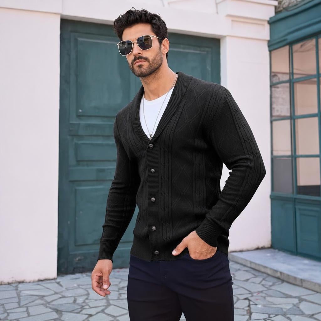 Men's Cable Knit Cardigan – Shawl Collar V-Neck Sweater - We are MFEO