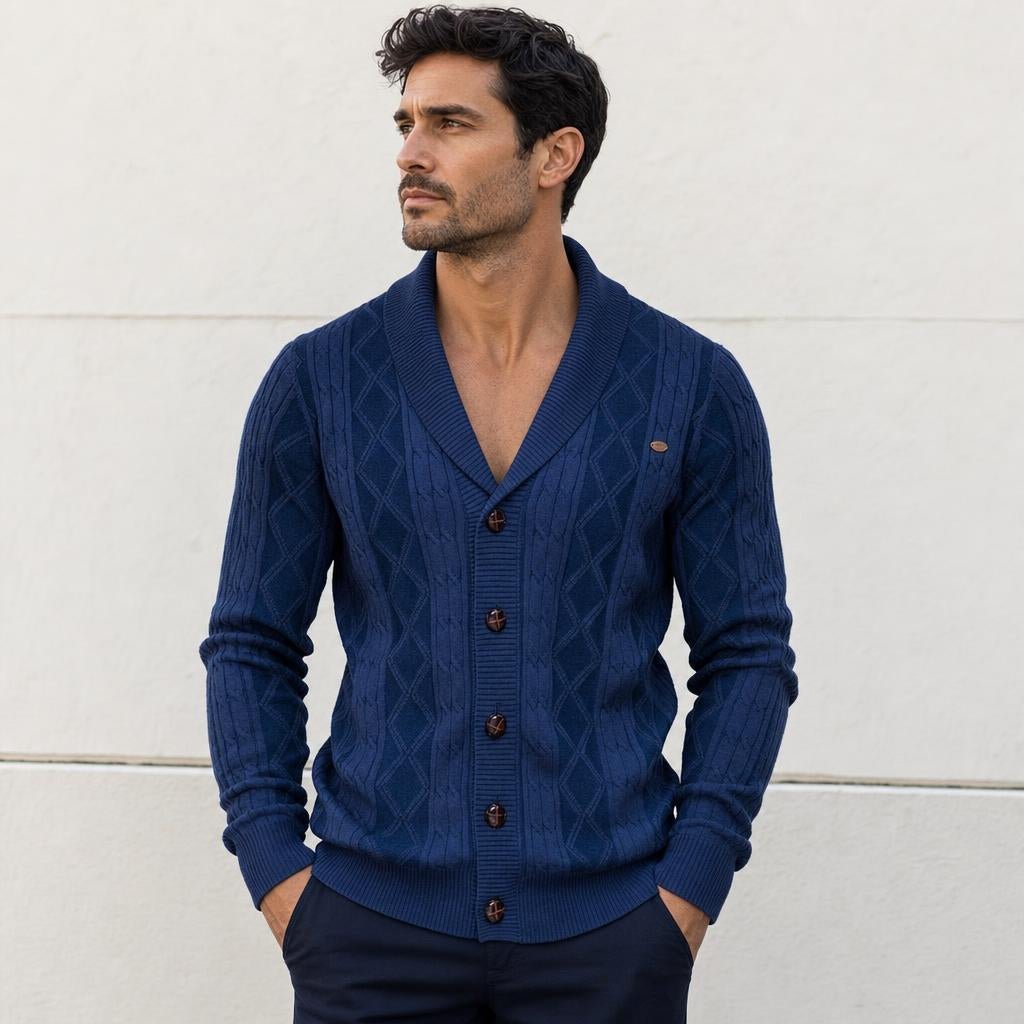Men's Cable Knit Cardigan – Shawl Collar V-Neck Sweater - We are MFEO