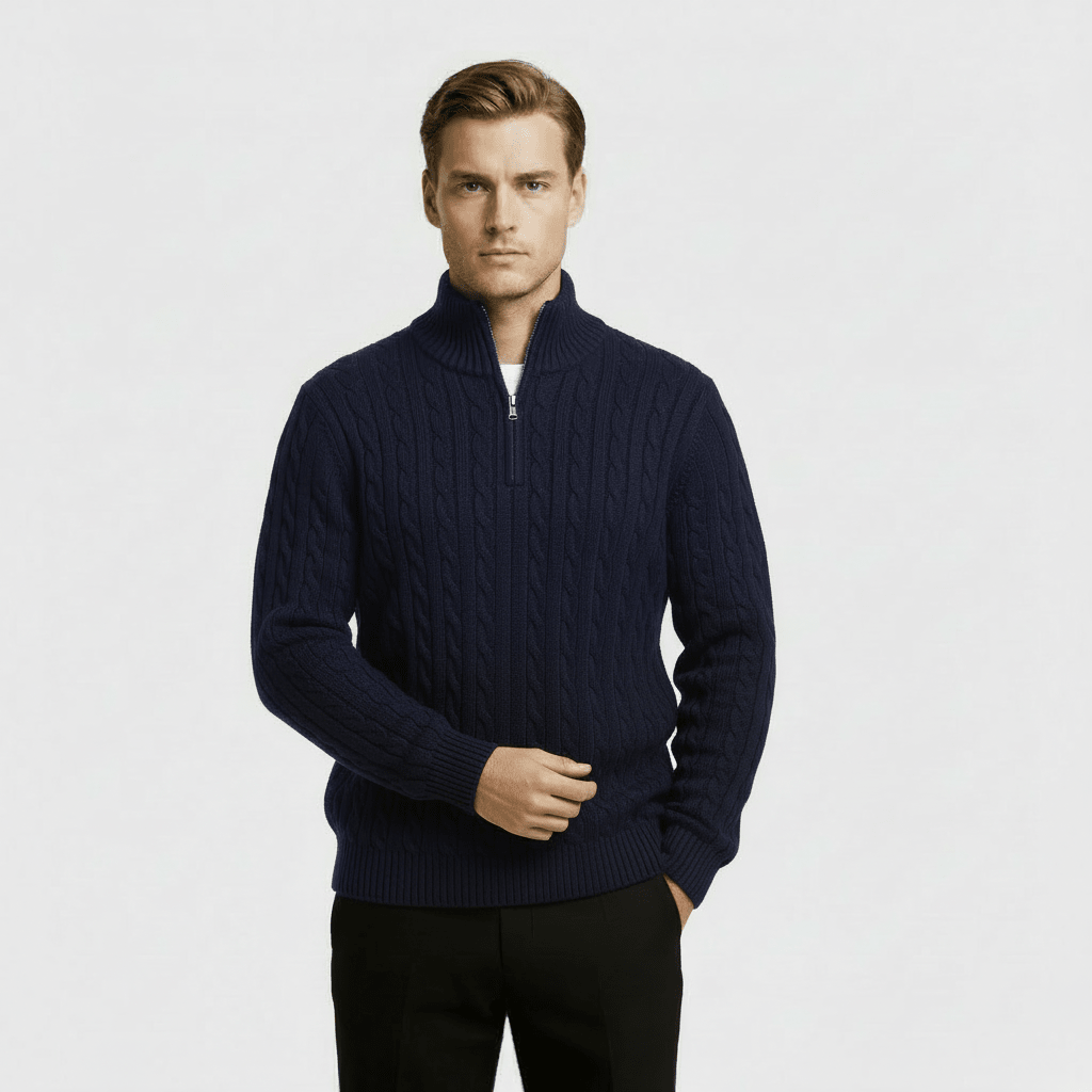 Men's Cable Knit Jumper – Quarter Zip Design with Stand Collar - We are MFEO