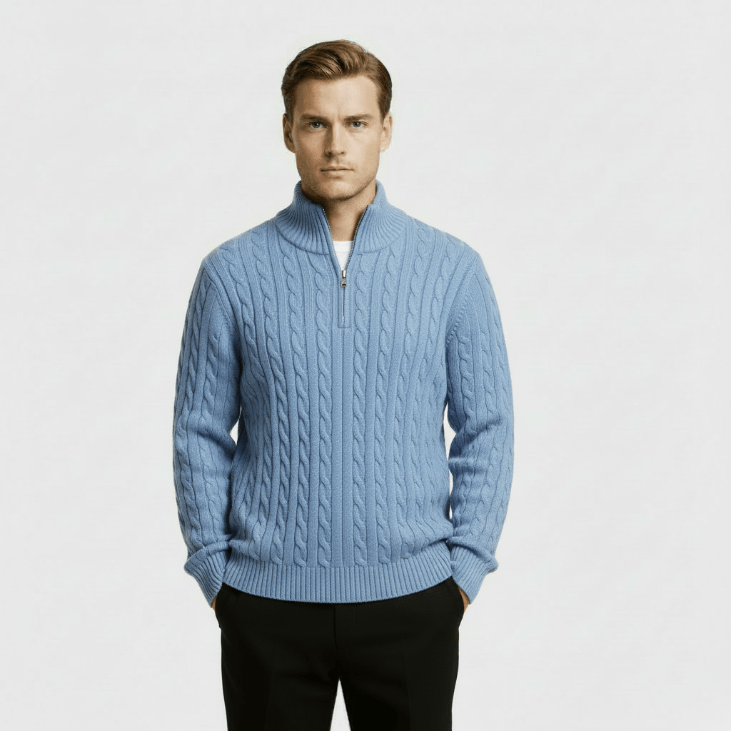 Men's Cable Knit Jumper – Quarter Zip Design with Stand Collar - We are MFEO