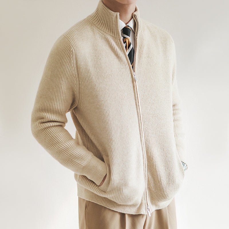 Men's Cardigan Sweater – Slim Fit with Stand Collar and Zipper Front, Ribbed Knit Design - We are MFEO