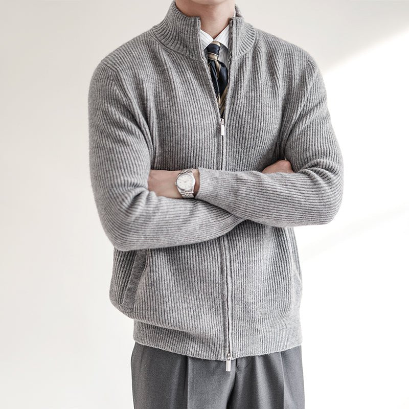 Men's Cardigan Sweater – Slim Fit with Stand Collar and Zipper Front, Ribbed Knit Design - We are MFEO