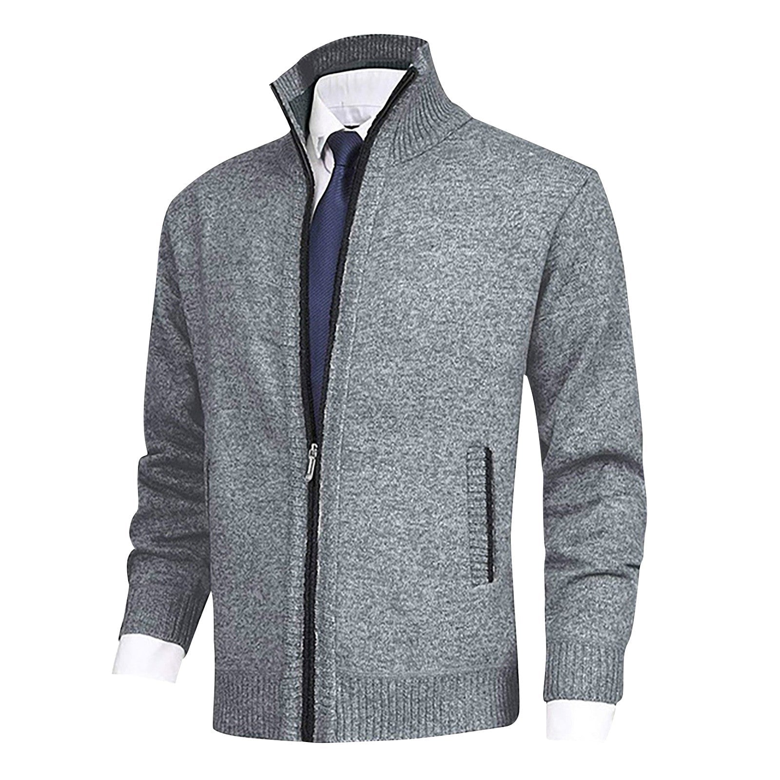 Men's Cardigan Sweater Zip - Up with Stand Collar – Ribbed Hem and Pockets for Casual Wear - We are MFEO