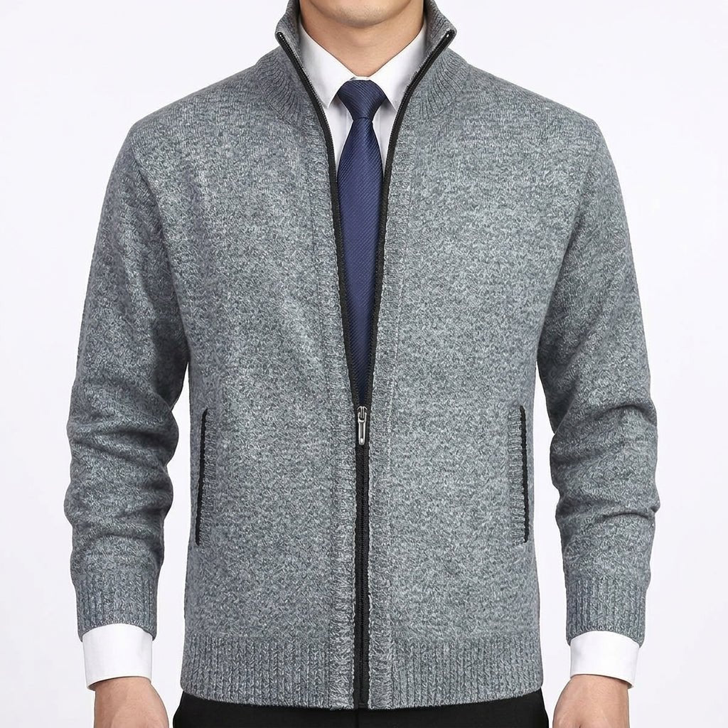 Men's Cardigan Sweater Zip-Up with Stand Collar – Ribbed Hem and Pockets for Casual Wear - We are MFEO