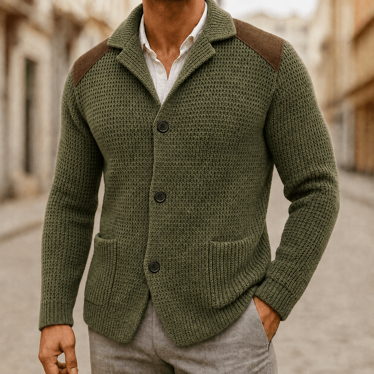 Men's Cardigan with Button Front, Knit Structure, and Patch Pockets - We are MFEO