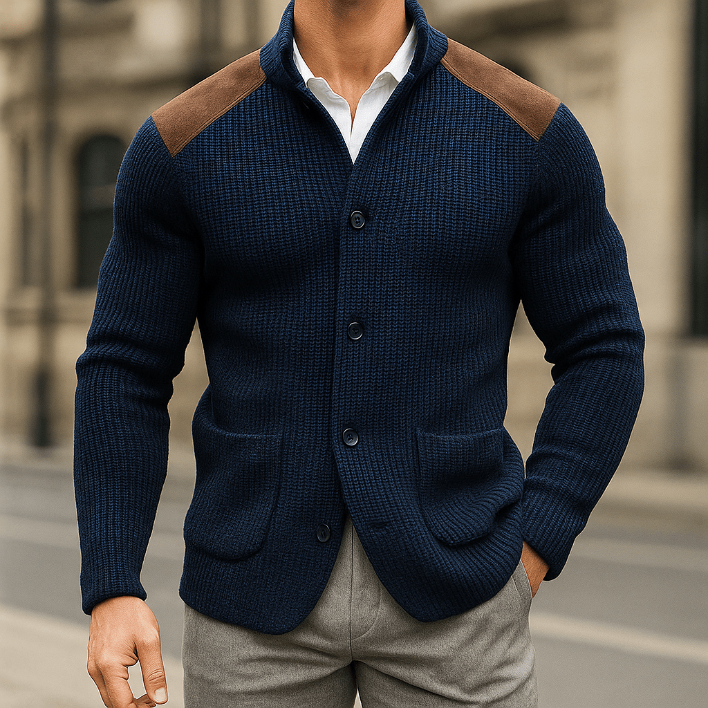 Men's Cardigan with Button Front, Knit Structure, and Patch Pockets - We are MFEO