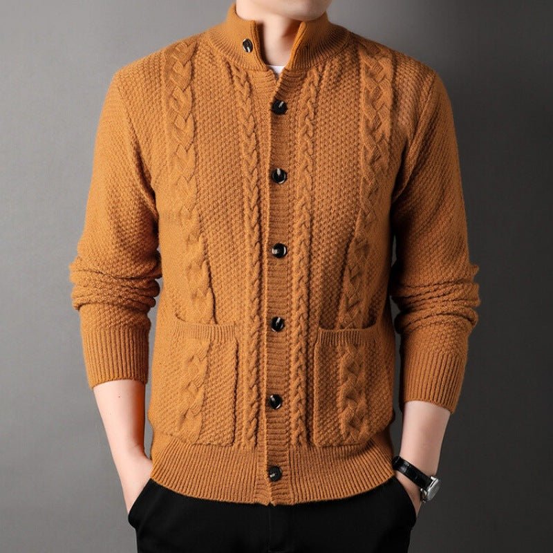 Men's Cardigan with Cable Knit Design – Stand Collar and Front Pockets - We are MFEO