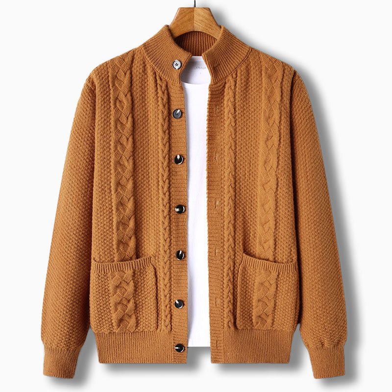 Men's Cardigan with Cable Knit Design – Stand Collar and Front Pockets - We are MFEO