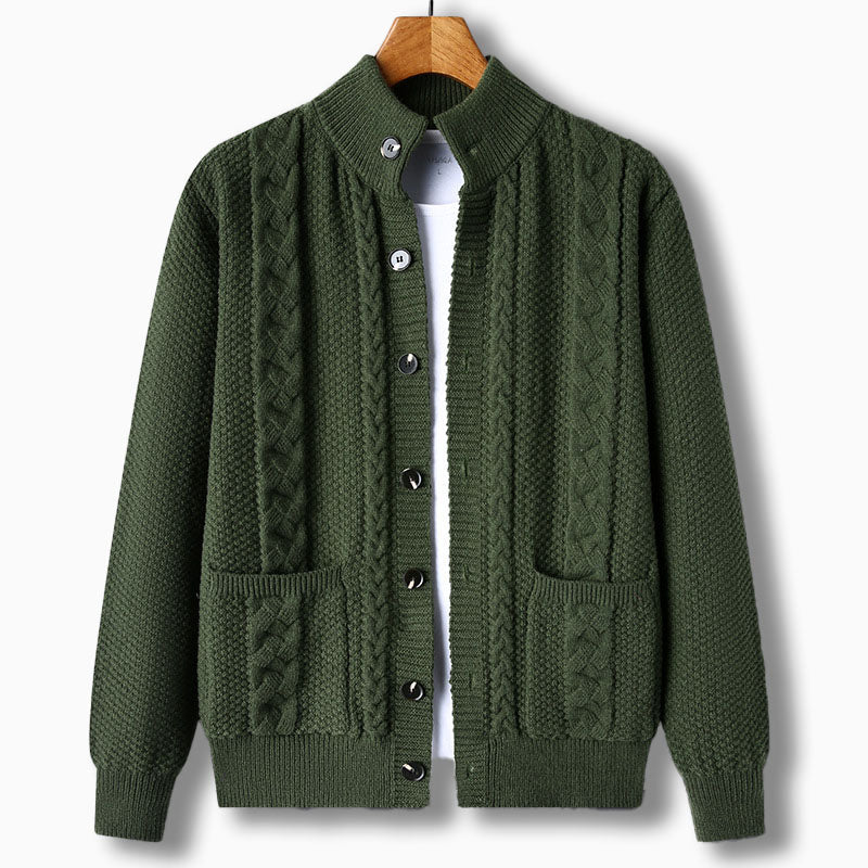 Men's Cardigan with Cable Knit Design – Stand Collar and Front Pockets - We are MFEO