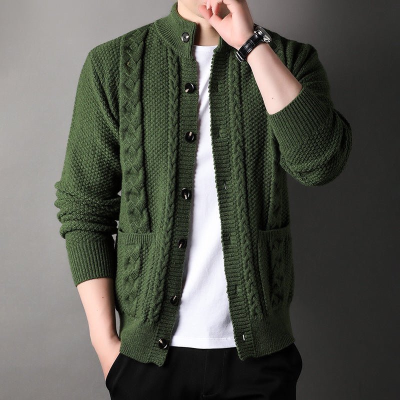 Men's Cardigan with Cable Knit Design – Stand Collar and Front Pockets - We are MFEO