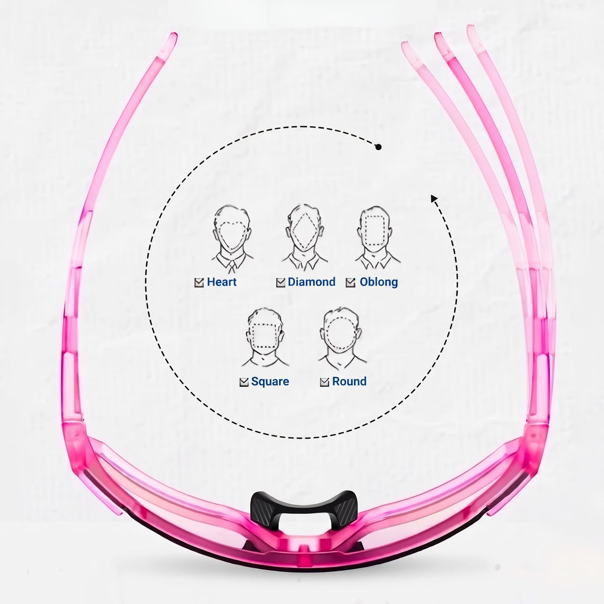 Pink cycling sunglasses shown with a diagram illustrating different face shapes: heart, diamond, oblong, square, and round.
