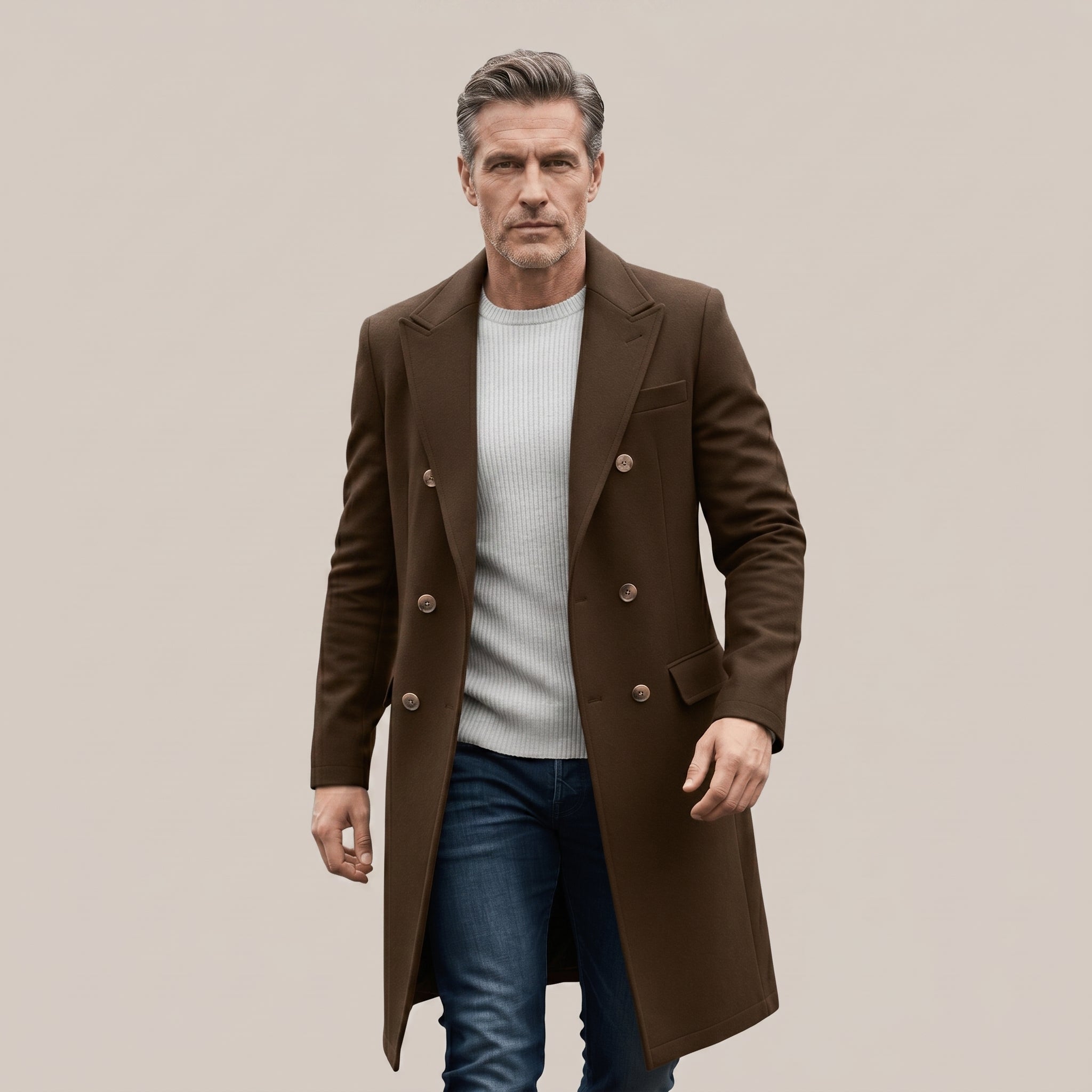 Men's Double-Breasted Long Coat – Tailored Fit with Structured Lapels for Smart Casual and Formal Wear - We are MFEO