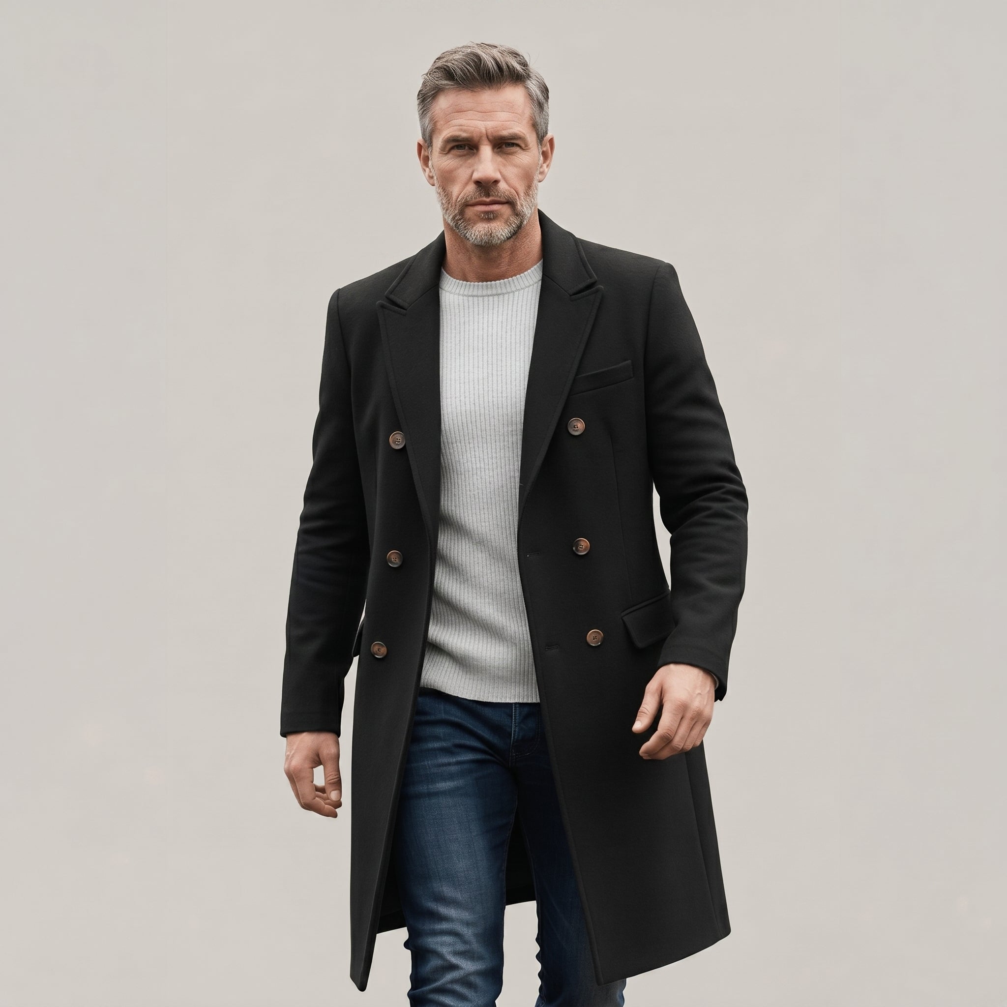 Men's Double-Breasted Long Coat – Tailored Fit with Structured Lapels for Smart Casual and Formal Wear - We are MFEO