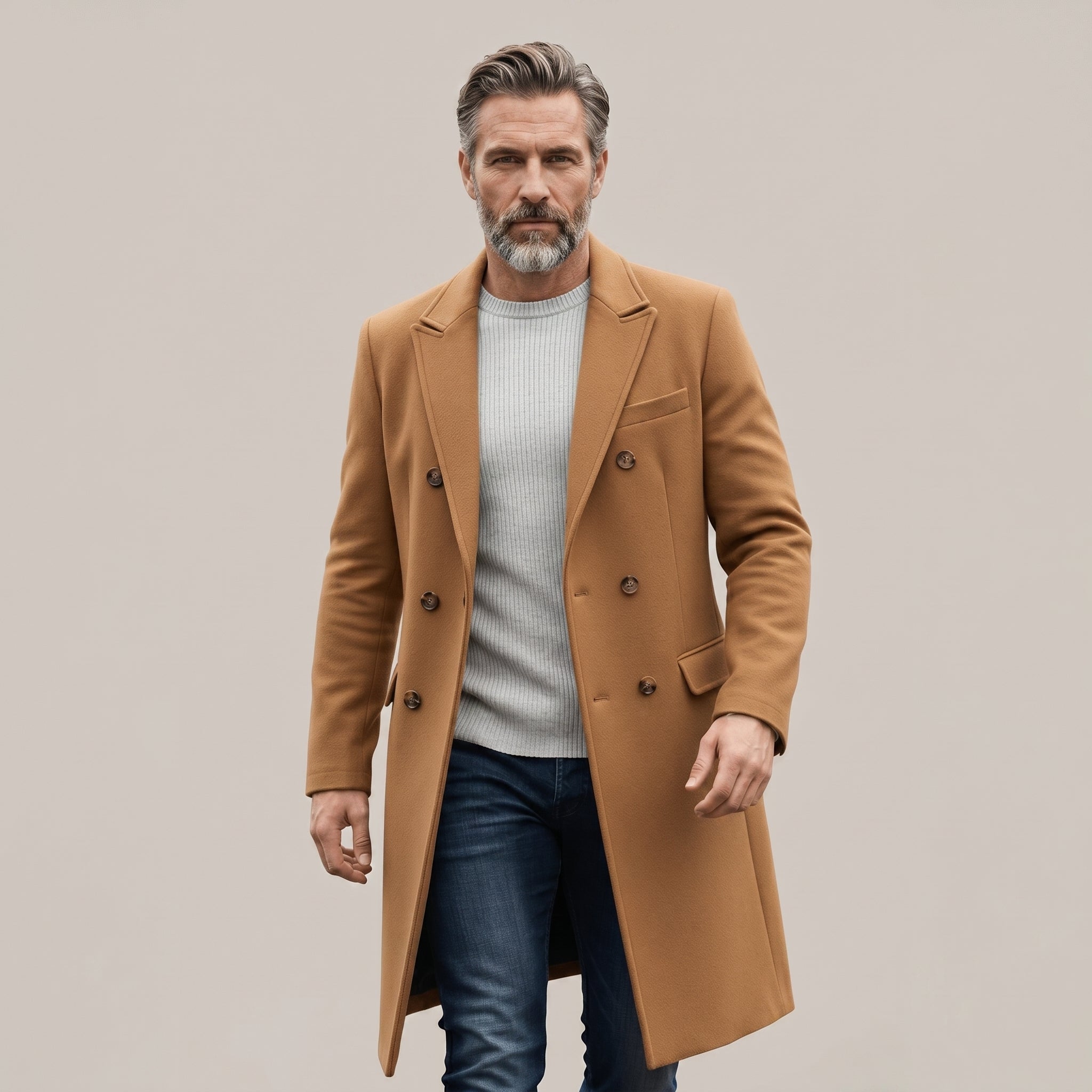 Men's Double-Breasted Long Coat – Tailored Fit with Structured Lapels for Smart Casual and Formal Wear - We are MFEO