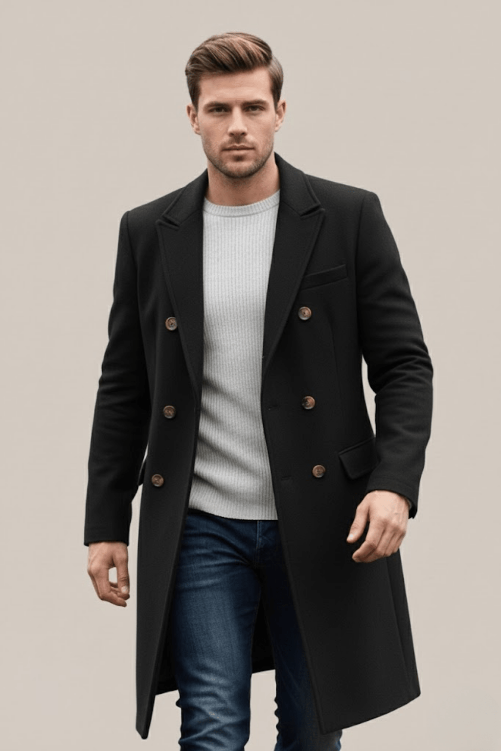 Men's Double-Breasted Long Coat – Tailored Fit with Structured Lapels for Smart Casual and Formal Wear - We are MFEO