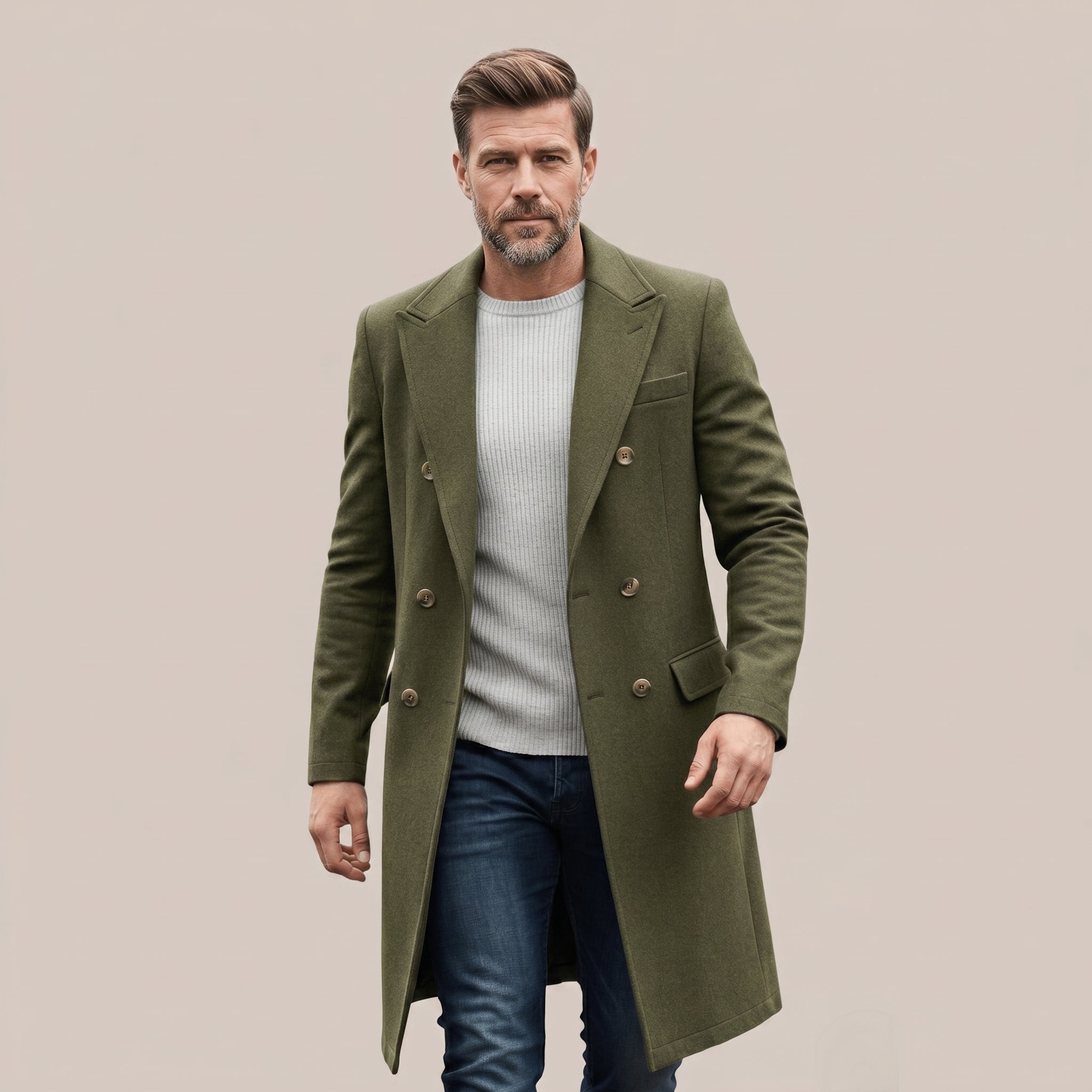 Men's Double-Breasted Long Coat – Tailored Fit with Structured Lapels for Smart Casual and Formal Wear - We are MFEO