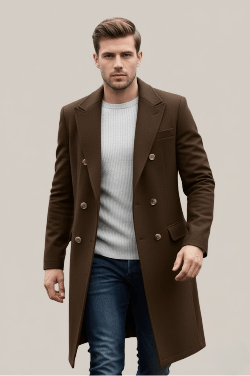 Men's Double-Breasted Long Coat – Tailored Fit with Structured Lapels for Smart Casual and Formal Wear - We are MFEO